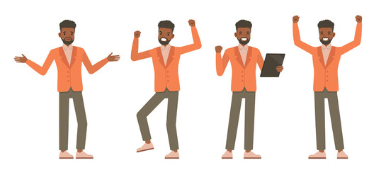 Set of office men wear orange suit character vector design. Presentation in various action. People working in office planning, thinking and economic analysis.