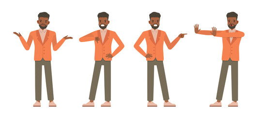 Set of office men wear orange suit character vector design. Presentation in various action. People working in office planning, thinking and economic analysis.