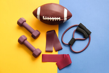 Stylish sport equipment on color background