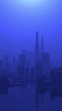 Blue Surreal 3D Looping Cityscape Flooded with Water In Hazy Fog 3 Seperate Vertical Background CENTER