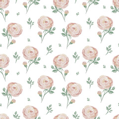 Watercolor seamless pattern with pink small roses and green leaves. Illustration, isolated on white background.
