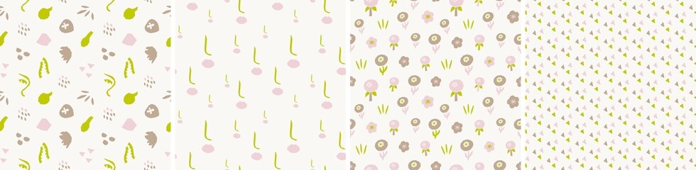 Collection of cute botanical seamless patterns. Spring summer illustrations