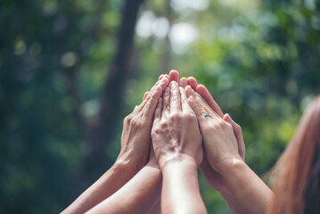 Group of teamwork high five team together hands raise up power partner. Diversity multiethnic group...