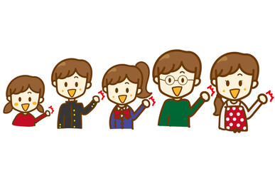 笑顔でガッツポーズする5人家族ファミリーの手書きイラスト・夫婦・子供・やる気