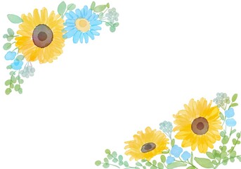 水彩画。水彩タッチのひまわりフレーム。ひまわりの背景イラスト。Watercolor painting. Sunflower frame with watercolor touch. Sunflower background illustration.