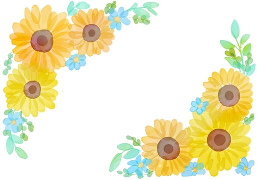 水彩画。水彩タッチのひまわりフレーム。ひまわりの背景イラスト。Watercolor painting. Sunflower frame with watercolor touch. Sunflower background illustration.