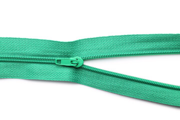 Stylish green zipper on white background