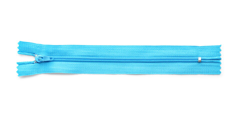 Stylish blue zipper on white background