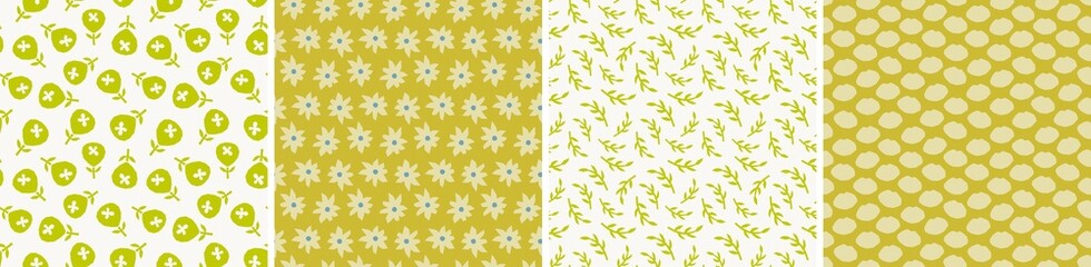 Collection of cute botanical seamless patterns. Spring summer illustrations