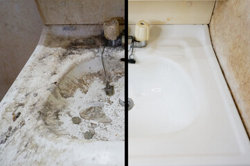 ゴミ屋敷の洗面台の清掃ビフォーアフター cleaning of sink of hoarding house before...