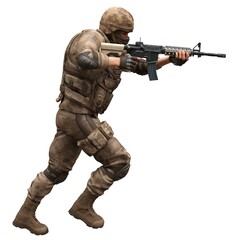 Soldier with a machine gun isolated white background 3d illustration