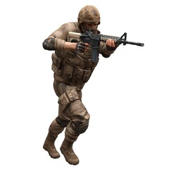 Soldier with a machine gun isolated white background 3d illustration