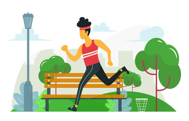 Obraz na płótnie Canvas Man Running in A City Park Flat Illustration Scenery Design