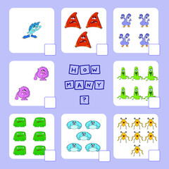 How many counting game with funny monsters . Preschool worksheet, kids activity sheet, printable worksheet
