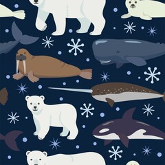 Seamless pattern with arctic animals. Vector cartoon illustration of polar bear, seal and whale. Nursery and baby decor adorable print.