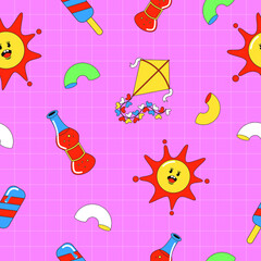 90's Cute Cartoon Summer Pattern with Sun, Softdrink, Ice, and Kite Objects in Memphis Style  