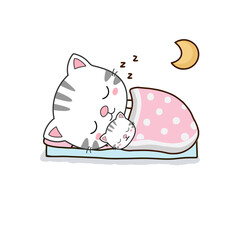  Cat mom and baby sleeping on the clouds. Cute cartoon character..