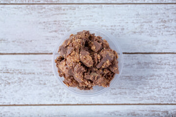 A top down view of peanut butter cup topping.