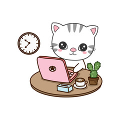 Cute Cat Working on Laptop. Cute cartoon character..