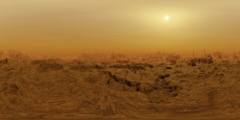 8K 360 degree HDRI map, rough canyon at dusty early afternoon during sandstorm (3d nature illustration, spherical background environment, equirectangular panorama) - obrazy, fototapety, plakaty