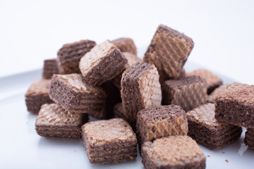 A closeup view of chocolate wafer cookies.