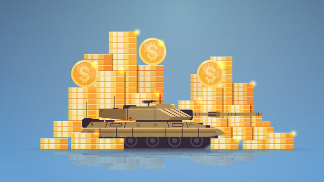 Ukrainian tank special army battle transport military equipment near dollar coins financing war sanctions metaphor