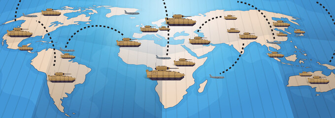 tanks and planes on world map special army battle transport military equipment stop war concept horizontal