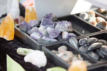 A view of a rock and mineral display seen at a local rock store.