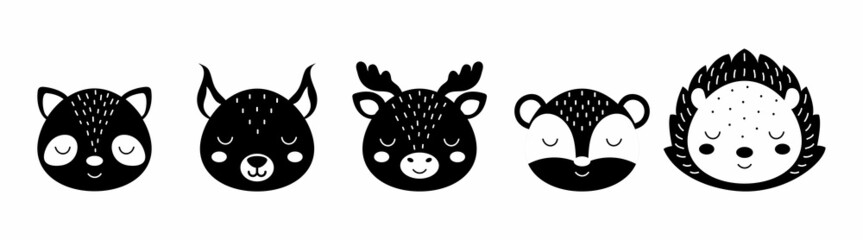 Black and white animal heads set of raccoon, squirrel, moose, badger, hedgehog. Animal faces in scandinavian style. Desing for kids t-shirts, wear, nursery decoration, greeting cards, other.