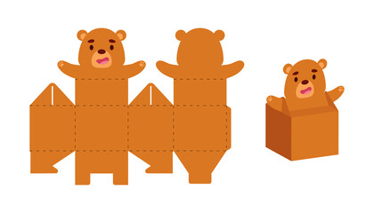 Simple packaging favor box bear design for sweets, candies, small presents. Party package template for any purposes, birthday, baby shower. Print, cut out, fold, glue. Vector stock illustration