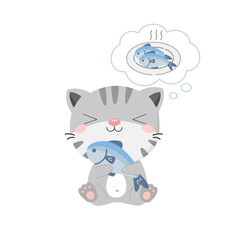 Cute cat holding fish in the dish. Animal cartoon character