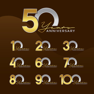 Set of Anniversary logotype golden silver color with brown background for celebration