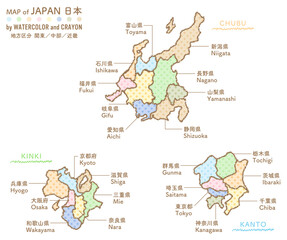 手描きの日本地図：関東地方・中部地方・近畿地方（カラフルドット柄）