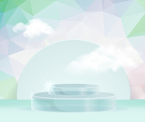 3D vector abstract podium, pedestal, plaque, cylinder steps of a round gold frame. The concept of minimalistic layout, empty space and space. Mock Up. on  background abstract polygon