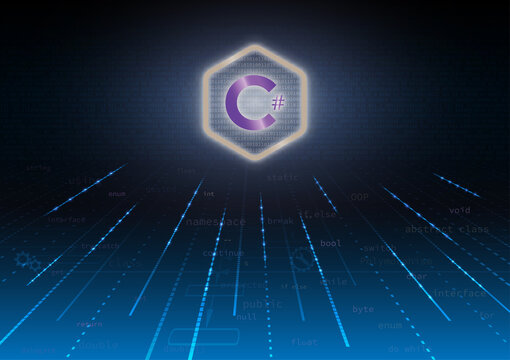 C Sharp sign and program code on purple background. c# programming concept. Coding language, Software development. Learning C Sharp, training, computer courses, Web banner.