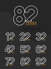 Set of Anniversary outline logotype golden and silver color with black background for celebration