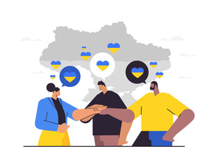 mix race people with heart in Ukrainian flag shape holding hands together pray for Ukraine peace save Ukraine from russia