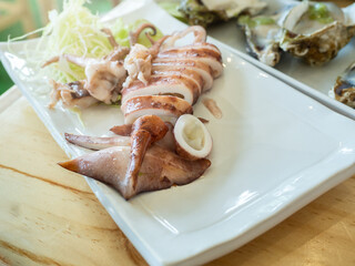 Ika yaki (Grilled Squid) on white dish , Sliced cooked marinated squid. Japanese food.