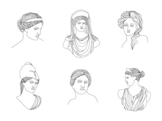 Ancient greek sculpture. Set of linear goddesses antique statues. Trendy vector illustration in one line drawing style. Hand drawn outline female silhouettes.
