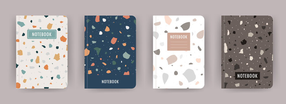 Cover page notebook collection. Templates with venetian terrazzo texture. Perfect for diary, books, magazines, journals, catalogs, planners and flyers. Vector layouts.