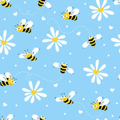 Daisy and bee seamless pattern. Flowers, petals and cartoon bees on a blue background. Vector. 