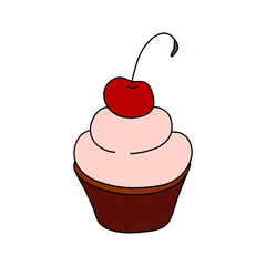 Doodle cupcake. Design sketch element for menu cafe, bistro, restaurant, coffeehouse, bakery, label, poster, banner, flyer and packaging. Vector colorful illustration on a white background.
