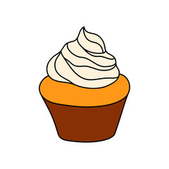 Doodle cupcake. Design sketch element for menu cafe, bistro, restaurant, coffeehouse, bakery, label, poster, banner, flyer and packaging. Vector colorful illustration on a white background.