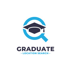 Graduate hat and magnifying glass logo vector. Graduation ceremony venue finder logo template design concept. - obrazy, fototapety, plakaty