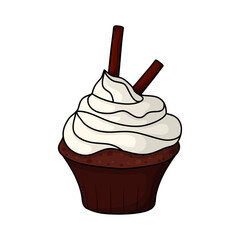 Pretty doodle cupcake. Design sketch element for menu cafe, bistro, restaurant, coffeehouse, bakery, label, poster, banner, flyer and packaging. Vector colorful illustration on a white background.