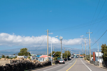 Jeju Olle Trail countryside village and Hallasan Mountain in Jeju island, Korea