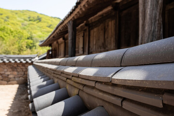Close-up of Korean traditional tile on a sunny day.