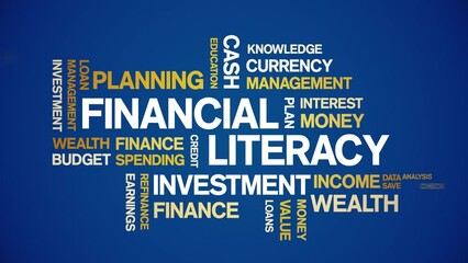 4k Financial Literacy Animated Tag Word Cloud;Text Design Animation typography seamless loop.