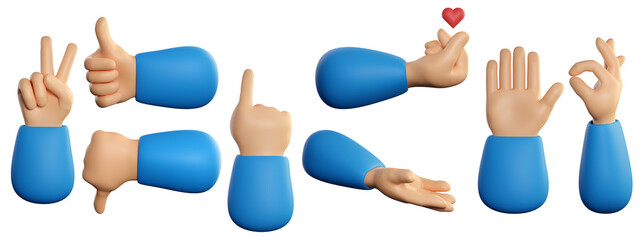 Human hands set in 3d cartoon style. Different fingers gesture for business and product concept. 3d high quality render isolated on white background.