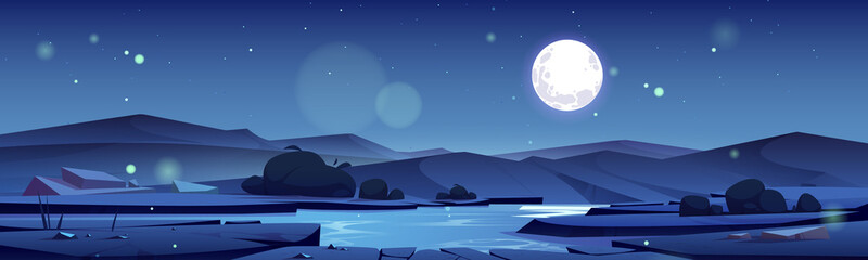 Summer valley with river and mountains on horizon at night. Vector cartoon illustration of nature landscape with water stream, bushes, rocks, and full moon in sky - obrazy, fototapety, plakaty